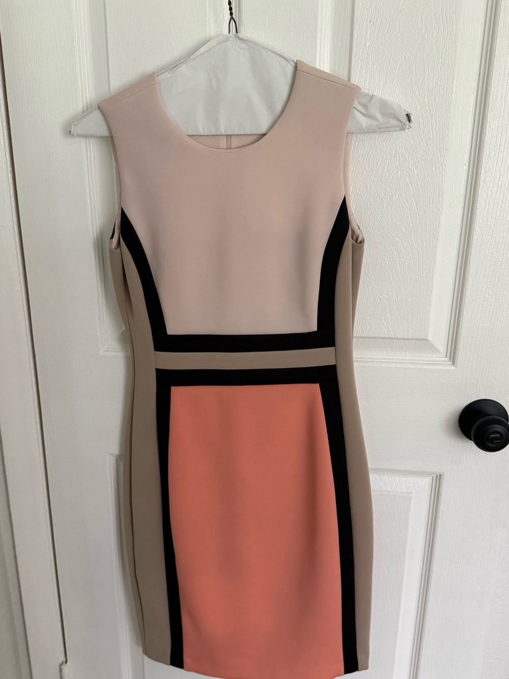 Calvin Klein Sleeveless Colorblock Midi Dress in Blush, Coral and Black